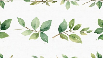 A seamless watercolor pattern featuring repeating branches with green leaves, creating a charming botanical border design