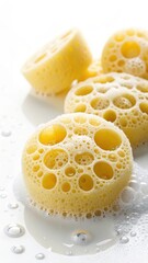 Close up of porous yellow sponges with abundant foam and water droplets on a white surface
