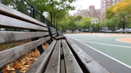 Fototapeta premium Empty wooden bench overlooks a vibrant basketball court in a city park surrounded by trees and buildings on a calm day