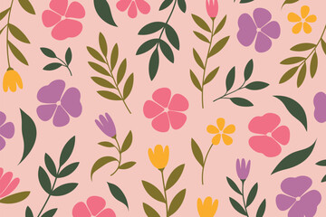 Elegant floral pattern showcasing colorful flowers and leaves on a pink backdrop, adding a touch of nature and vibrancy.