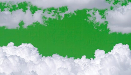 Fluffy clouds over a vibrant green background