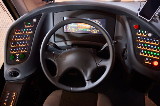 The Modern Bus Interior has a high-tech dashboard and advanced controls for drivers and passengers