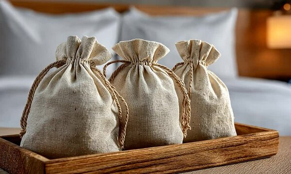 Three linen drawstring bags sit on a wooden tray, with bed pillows in the background, near a warm lamp