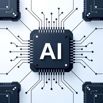 AI processor chip at the center of a circuit board. A powerful concept for artificial intelligence, CPU technology, machine learning, neural networks, and modern computing hardwar