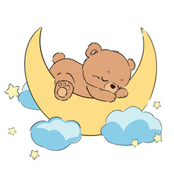 Hand Drawn Cute teddy bear sleeping on crescent moon with clouds and stars. Vector baby illustration