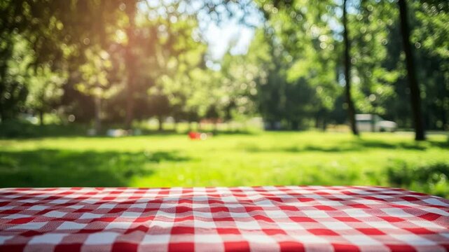 Red and white checkered tablecloth on picnic table in outdoor park with sunlight shining through green trees creating warm relaxing atmosphere