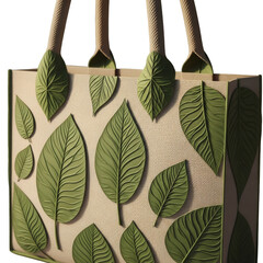 A stylish tote bag adorned with a repeating pattern of embossed green leaves, showcasing a natural and ecofriendly design isolated on transparent background
