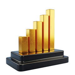 A golden bar graph symbolizing financial growth and business success, presented on a sleek black base isolated on transparent background