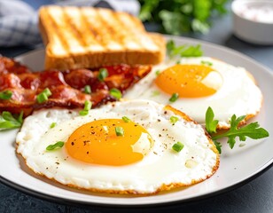 Fried eggs and bacon with toast