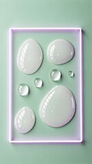 Viscous liquid droplets and spheres arranged within a neon light frame on a pastel green background