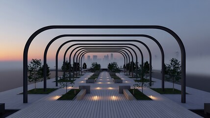 Arched walkway with city skyline and trees arched canopy