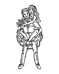 Beautiful whimsical cute hand drawn whimsical wedding couple, vector illustration