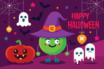Cartoon Halloween Background with Spooky Elements Pumpkins Ghosts and Bats