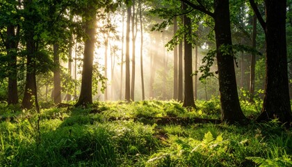 Fototapeta premium Sundrenched forest canopy, a serene landscape of sunlight and trees sunlight