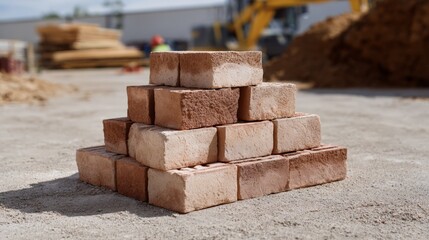 Neatly arranged stack of hyperpressed bricks on construction site.