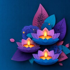 Diwali celebration background with burning candles and lotus flower mandala in purple, blue and orange colors. Paper cut style illustration with empty space for text. Vector flat design of Indian fest