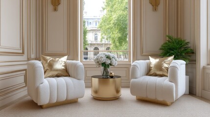 Two stylish boucle armchairs face a black coffee table in a Parisian apartment with a lovely French window and parquet flooring