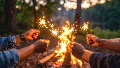 Friends enjoying bonfire with sparklers