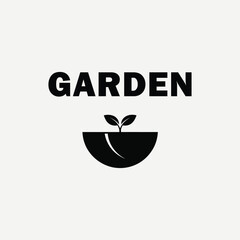 A minimalist logo featuring a simple plant sprouting from a bowl, accompanied by the word 'GARDEN'.
