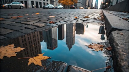 Reflections of city skyscrapers in a puddle on a cobblestone street with autumn leaves