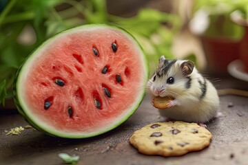 Tiny rodent against cookies and a huge piece of watermelon
