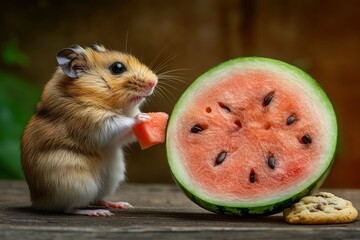 Mini hamster and maximum size watermelon - cute animal concept
