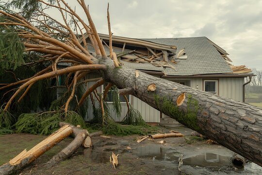 Fallen tree damaging house roof and siding roof damage siding damage