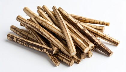 Burdock roots piled together, earthy brown exterior with light striations, traditional culinary and medicinal ingredien