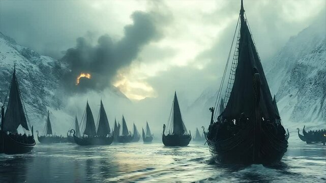 Dark longships sail a fjord, fire and smoke rise from a snowy mountain in the background