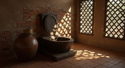 Ancient latrine in sunlit room.  Rustic, earthenware pot beside wooden throne
