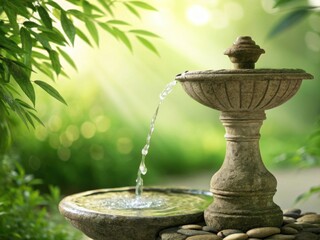 A tranquil stone garden fountain gently cascades water into a basin surrounded by lush greenery and soft sunlight