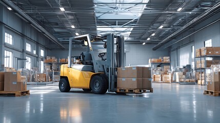 Fork truck operating within a warehouse featuring neutral color palette and high-rise storage areas
