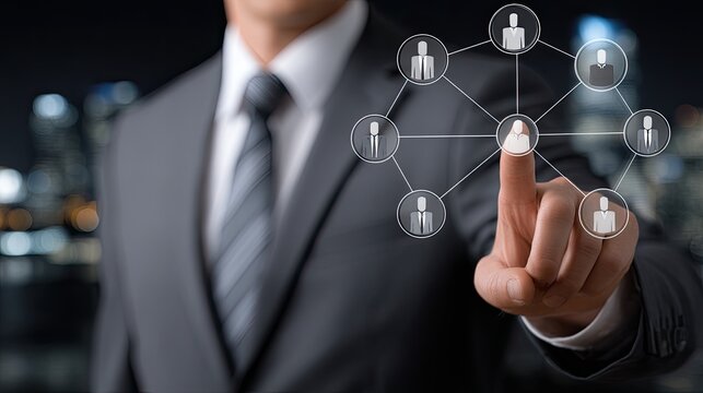 Businessman engages in a virtual conference with colleagues showcasing various locations and professional images in a digital setting