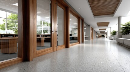 High school hallway showcases elegant design with light wood door frames, marble floors, and large windows allowing natural light