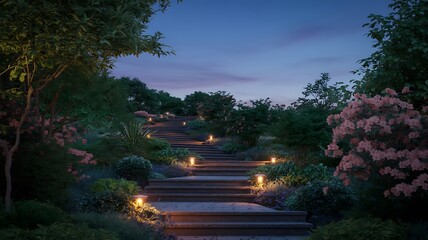 Naklejka premium Illuminated garden stairway at dusk twilight landscaping