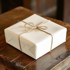 Rustic wrapped gift box on wooden table with twine bow