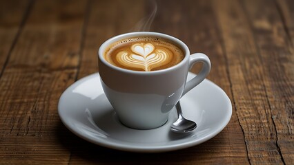 Aromatic cappuccino with beautiful latte art on a rustic wooden table top