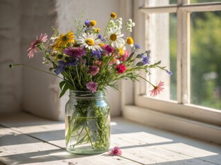 A vibrant bouquet of wildflowers in a glass jar placed on a wooden windowsill catching the warm sunlight