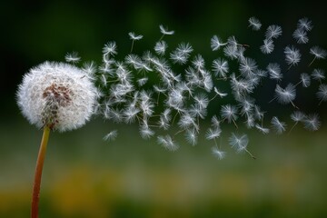 Dandelion puff releasing delicate seeds into the air, creating a whimsical scene of nature's beauty, with a blurred green background enhancing the ethereal atmosphere