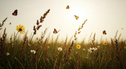 Fototapeta premium A peaceful meadow with wildflowers and butterflies