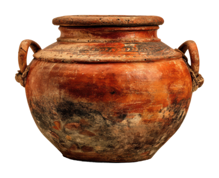 Ancient clay pot artifact archaeological site decorative object. Isolated on transparent background, png.