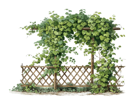 Lush greenery overgrown garden trellis backyard nature front view. Isolated on transparent background, png.