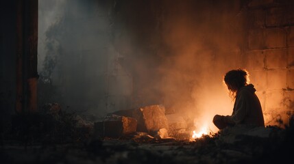 Obraz premium Cinematic 3D Illustrations of Post-Apocalyptic Human Survivors in Destroyed Urban Landscapes with Atmospheric Lighting, Emotional Storytelling, and Futuristic Sci-Fi Environments for Film, Music, and 