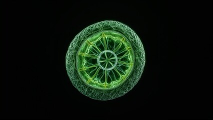 A glowing green circular object with radial symmetry on a black background in a close up view