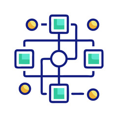 Flat icon of network diagram with blocks and lines, representing flowchart, process structure, digital logic and data architecture, no background
