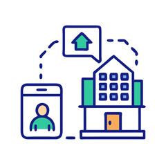 Fototapeta premium Flat icon of mobile phone and building with arrow, representing online property transaction, real estate purchase, digital housing platform and remote rent process, no background 