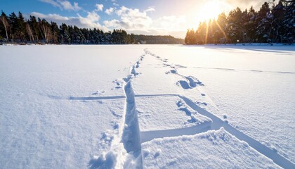 Frozen lake trail, footprints in snow, sunlight