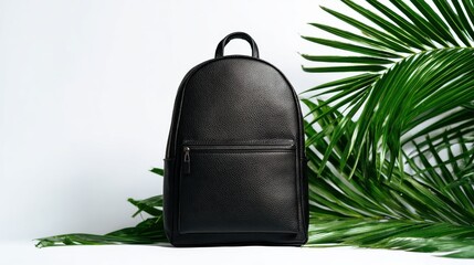 Stylish black backpack resting against lush green palm leaves, ideal for urban adventures, travel, or daily use with a modern design, textured finish, and spacious interior