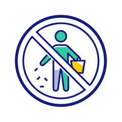 Prohibition icon over person dropping trash in flat minimal style, representing no littering zone, clean area enforcement, public hygiene rule and waste disposal control, no background
