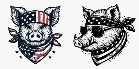 Obraz premium A boar wear american flag print bandana. Minimal Vintage Grunge Independence Day 4th of July Patriotic Usa America Retro Clipart. Wild pig don star-spangled head covering adornment.